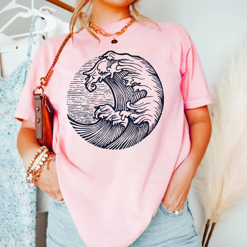 Woodcut Ocean Wave Tee Retro Engraving Sea Nature Men Women Cotton Streetwear Shirt Leisure Sport Style Short-sleeve T-Shirt