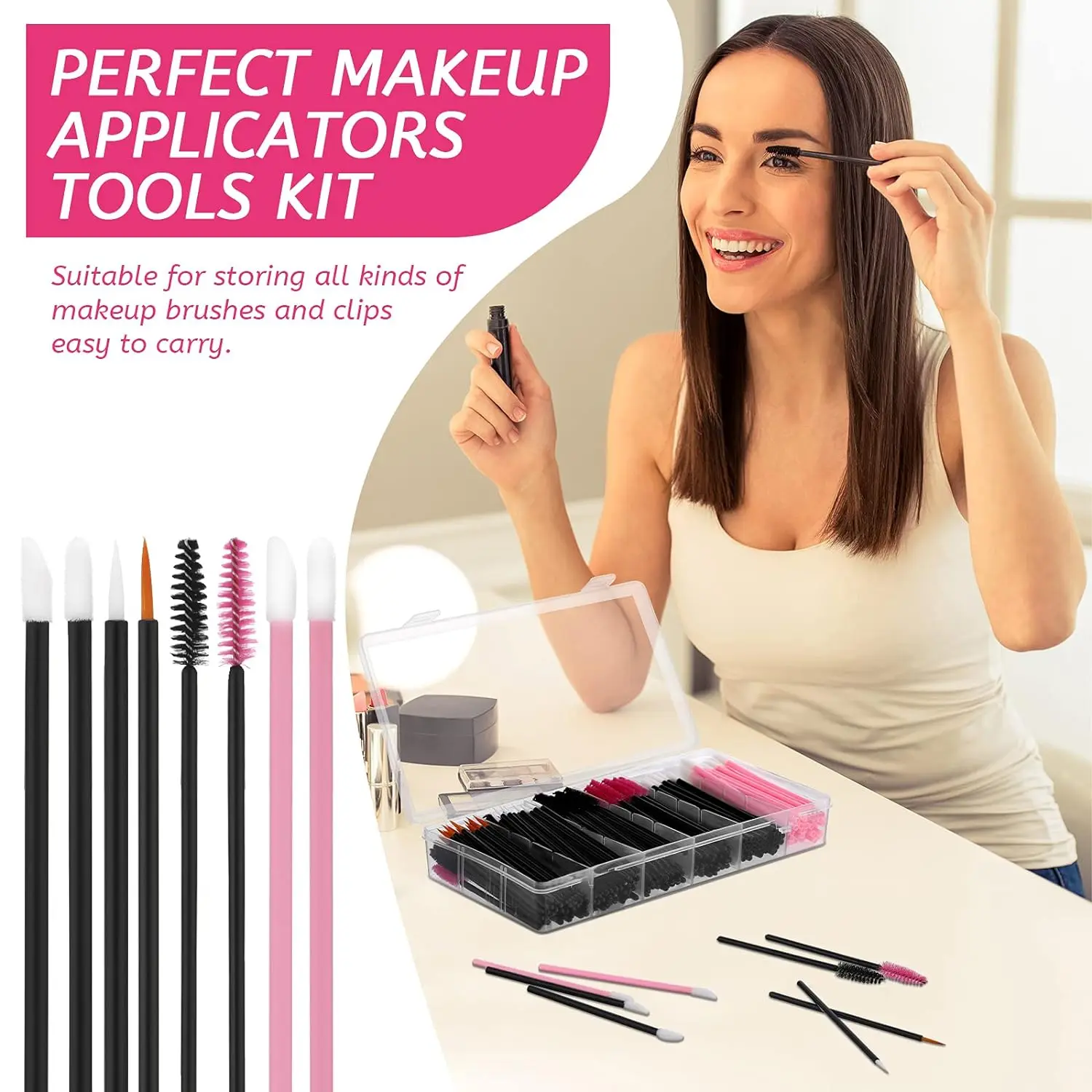 300 Pieces Makeup Applicators Tools Kit, Include Disposable Eyeliner Brushes Wands Eyelash Brush Lip Wands with Organizer Box