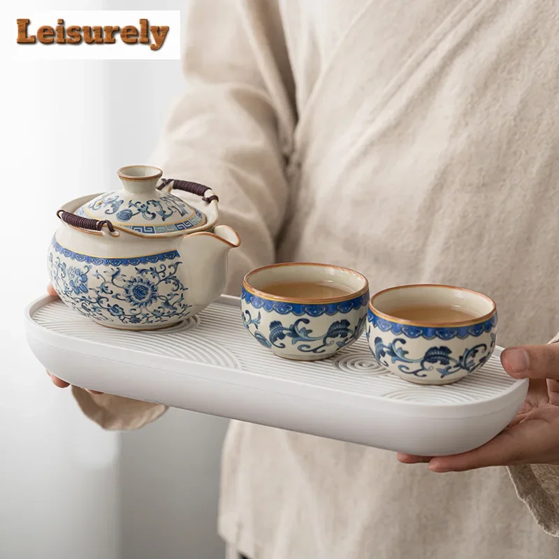 

Blue and White Ru Kiln Enamel Colored Tea Set Complete Set Japanese Tea Ceremony Set Teapot and Tea Cup Set Tea Set Decoration