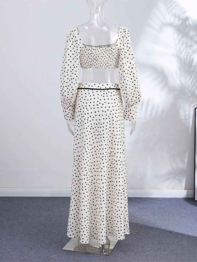Langärmlige, kurz geschnittene Oberteile mit Polka Dots, lange Röcke, Anzüge für Damen, sexy, geteilte Spitzenoberteile, A-Linien-Röcke, Sets, schicke Damen-Partykleidung, neu – Detail 5
