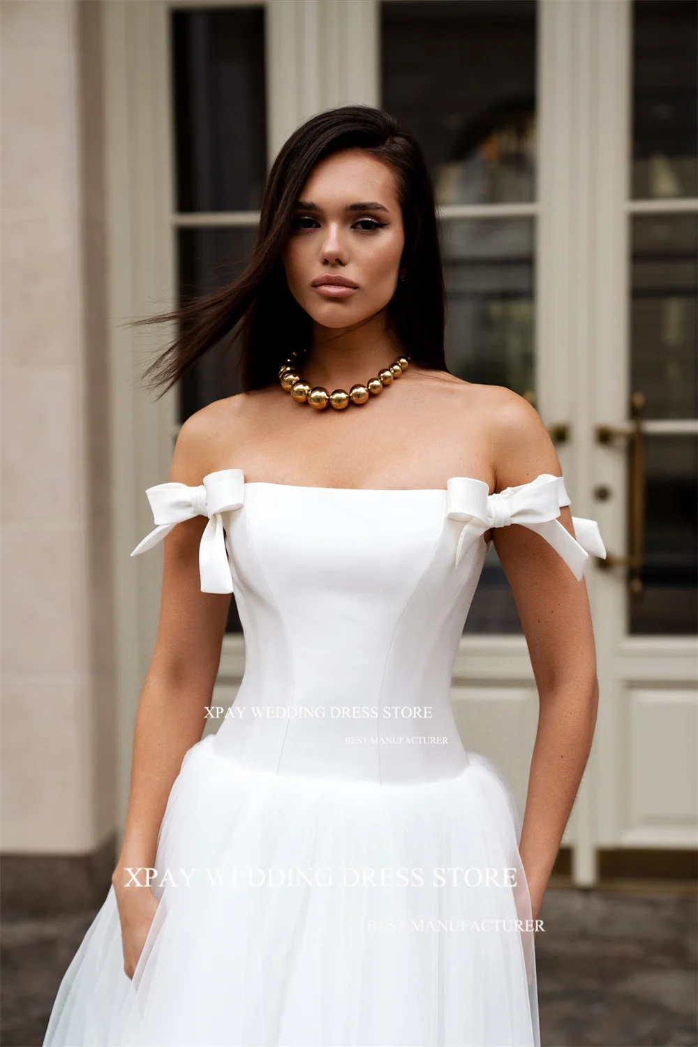 XPAY Off Shoulder A Line Wedding Dreses 2025 Satin Tulle Backless Customized Bride Dress Backless Floor Beach Boho Bridal Gown