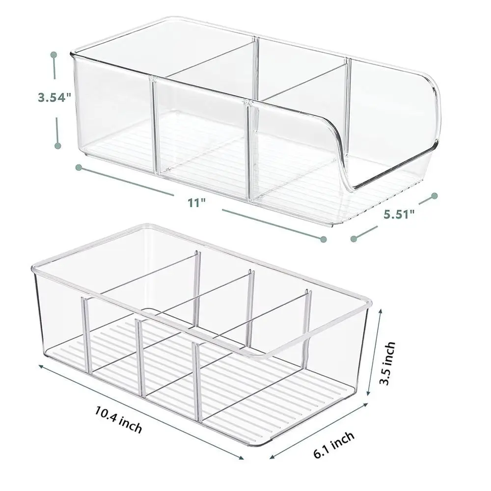 Food Storage Organizer Bins - Divided 3 Compartment Kitchen Pantry Fridge Organizers for Food Clear Plastic Storage Rack