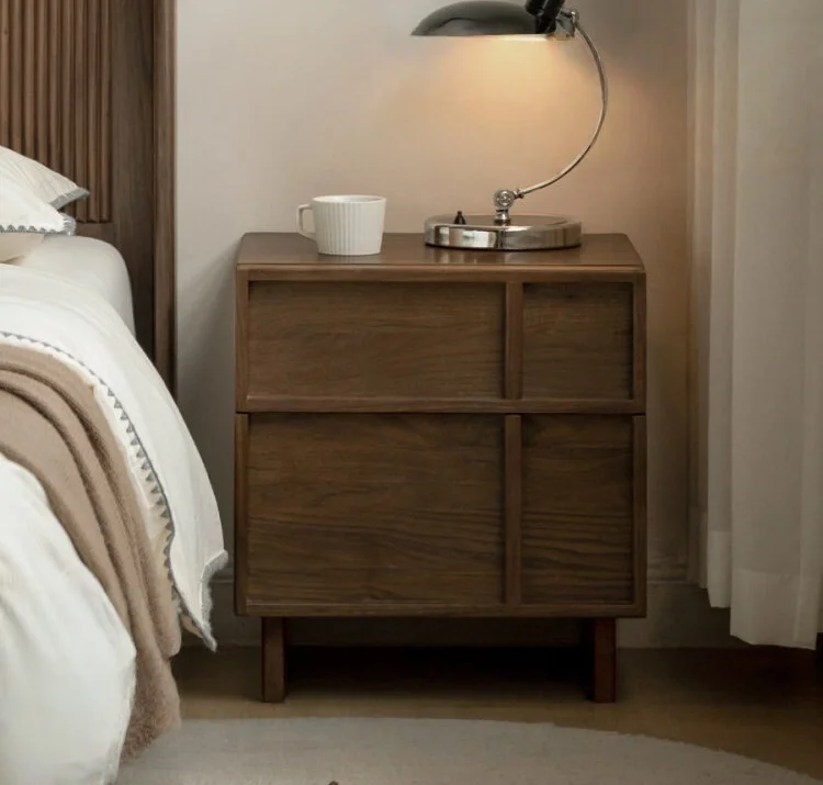 Solid Wood Bedside Table Black Walnut Storage Drawer Cabinet Light Luxury Skeleton Line Bedroom Wall Mounted Storage Cabinet