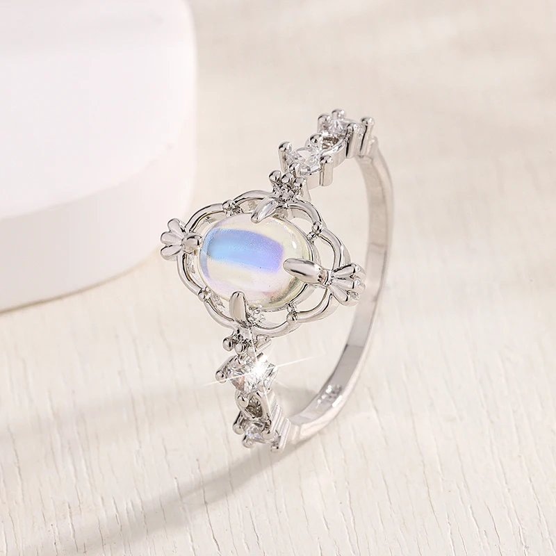 S925 Silver Plated Fashion Moonstone Ring for Women Creative Engagement Jewelry Anniversary Wedding Gift
