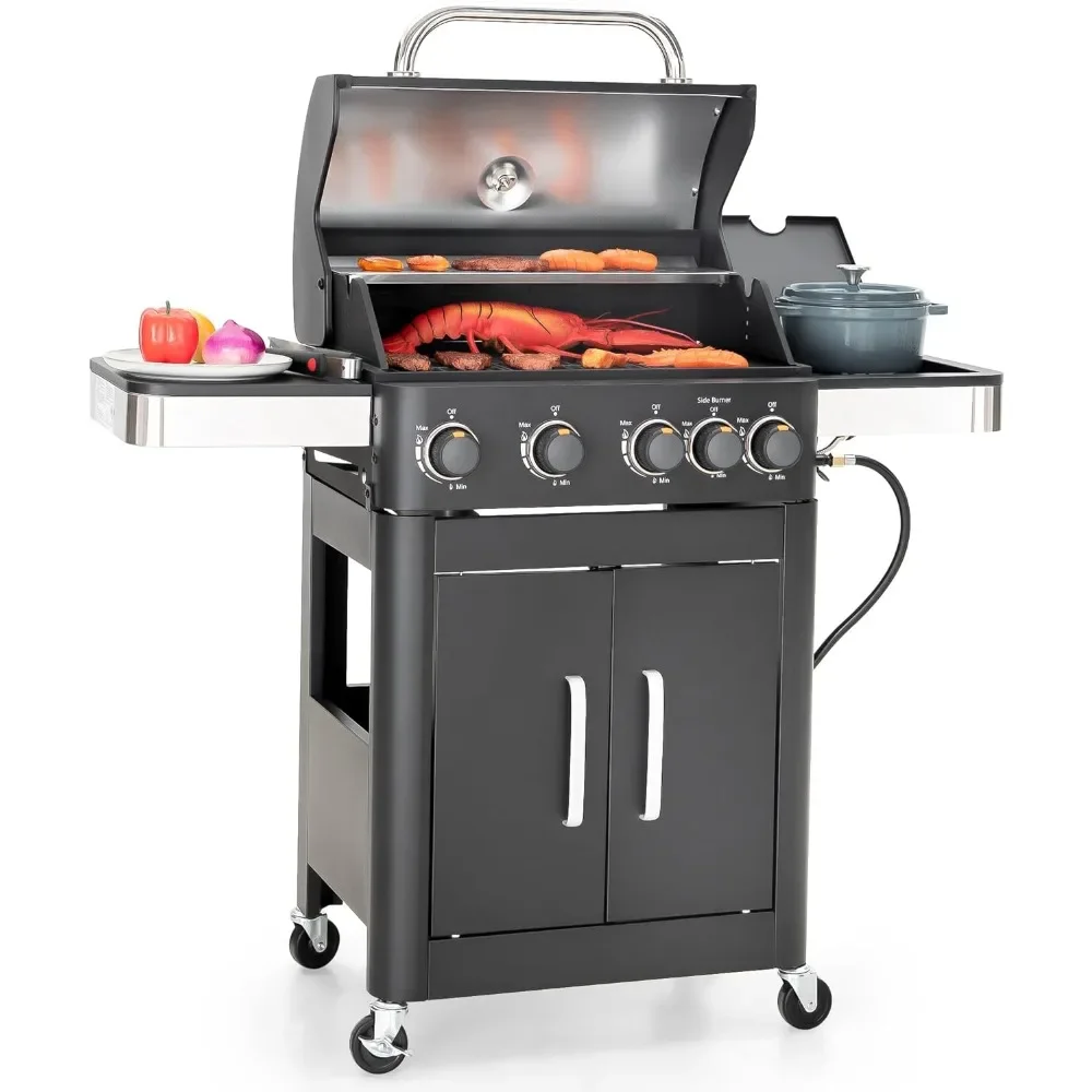 4-Burner Propane Gas BBQ Grill with Side Burner & Porcelain-Enameled Cast Iron Grates, 46,700 BTU, Outdoor Barbecue Grill