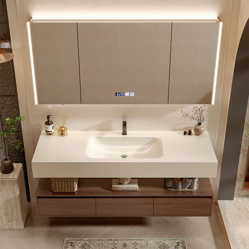Rock Slab Hot Bending Integrated Basin Bathroom Cabinet Medium Antique Bathroom Wash Basin Cabinet Combination New Model