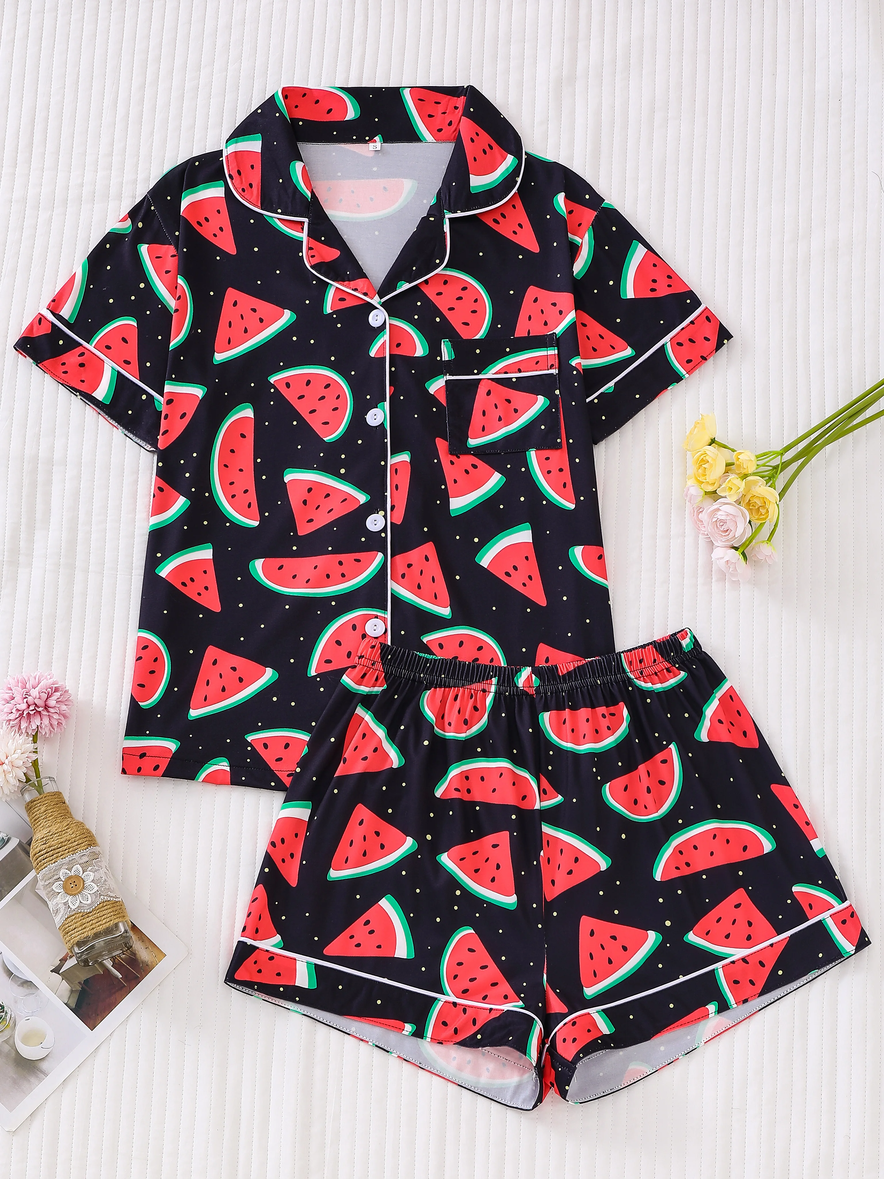 Black Bottom Watermelon Printed Women\'s Pajama Set with Collar Short Sleeve Top and Loose Shorts for Women\'s Casual Wear