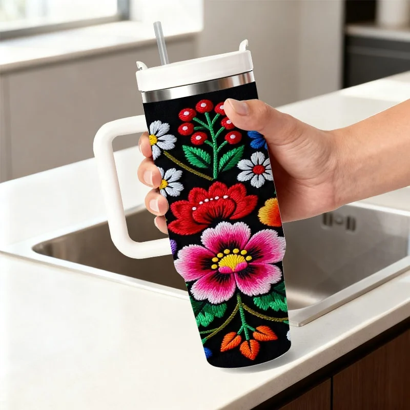 Vibrant Symmetrical Floral Digital Print 40oz Stainless Steel Insulated Tumbler, Detailed Colorful Blooms & Foliage Pattern on Black Background, Reusable Drink Container for Daily Commute, Office and Outdoor Picnic Use