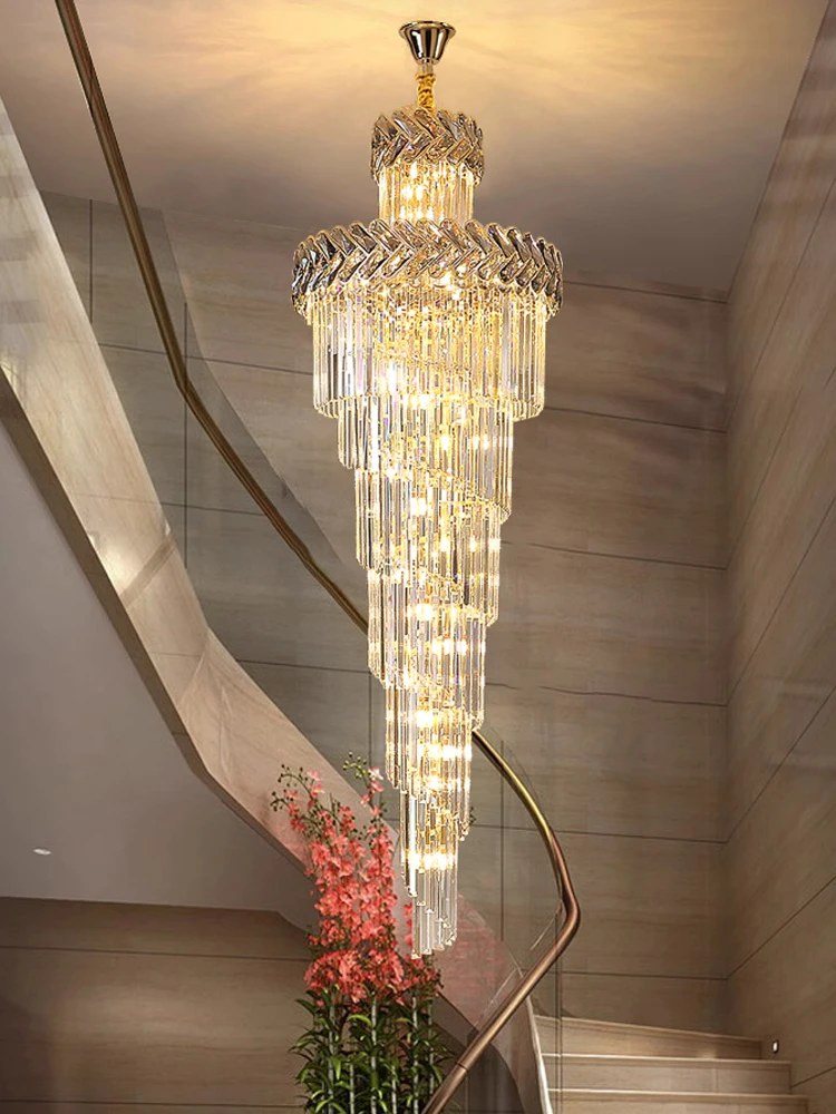 Long Staircase Crystal Chandelier Decorative Villa Hollow Duplex Lights Fixture Hall Living Room Hanging Pendant Light Home