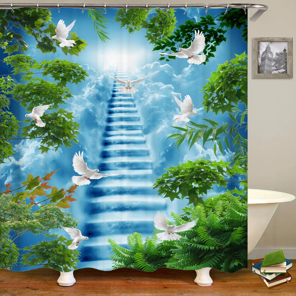 3D love plant leaves white dove scenery bathroom waterproof shower curtain polyester washable home decoration curtain with hook