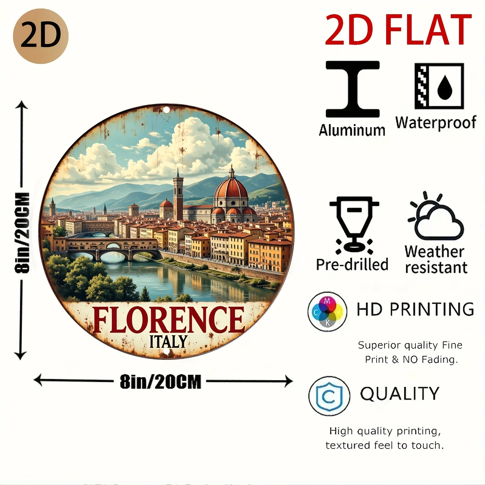 2D Flat - A Round Metal Sign Featuring a Vintage Cityscape of Florence, Italy, Perfect for Decorating a for Home Bar Or Café