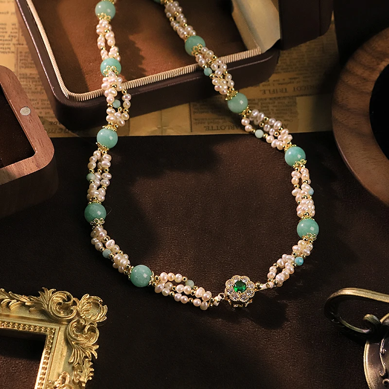 GLSEEVO Natural Freshwater Pearl Green Natural Stone Necklace for Women Banquet Mother'Day Gift Pearl Necklace Luxury Jewelry