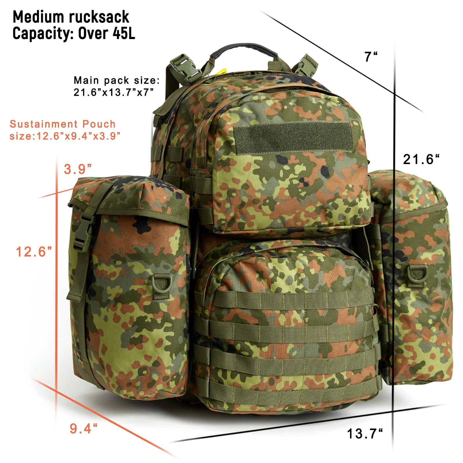 Akmax Military MOLLE 2 Medium Backpack Army Tactical 50L Assault Rucksack Pack with External Frame Flecktarn
