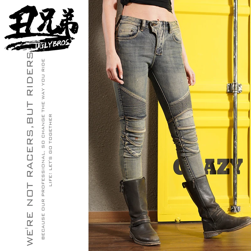 Uglybros Female Knight Motorbike Riding Jeans Locomotive Casual Slim Pants For Girls Motorcycle Breathable Protect Trousers