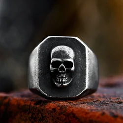 Gothic Vintage Simple Black Skull Rings For Men Stainless Steel Punk Fashion Skeleton Skull Ring Biker Jewelry Halloween Gifts