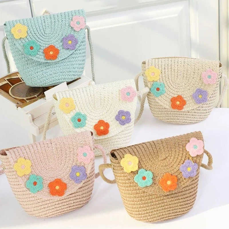 Nuova borsa a tracolla intrecciata in erba per bambini alla moda Mini Summer Flip Style Zero