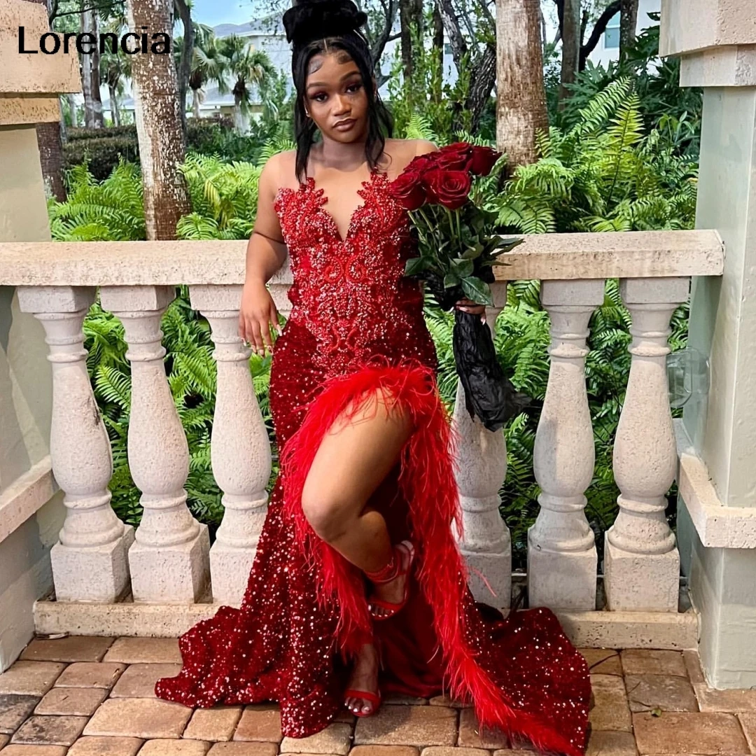 Lorencia Burgundy Feathers Sequins Ruched Silt Prom Dress 2024 For Black Girls Mermaid Party Gala Gown Vestidos De Festa YPD126