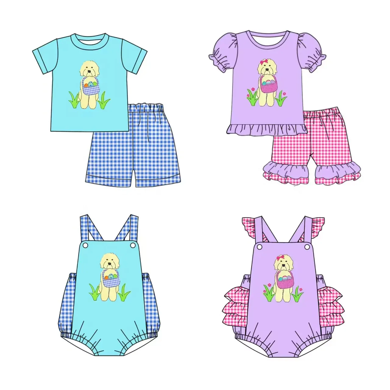 

Easter brother and sister clothes Collection of short-sleeved shorts and jumpsuits plaid fabric dog easter egg print