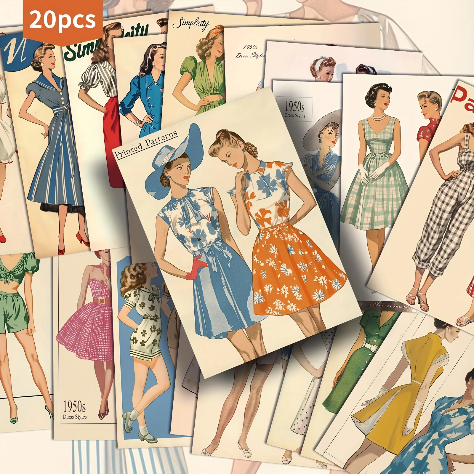 20PCS Retro Women's Summer Postcards, Nostalgic 1940-1950s Fashion Illustrations, Scrapbook Paper, Handmade Materials