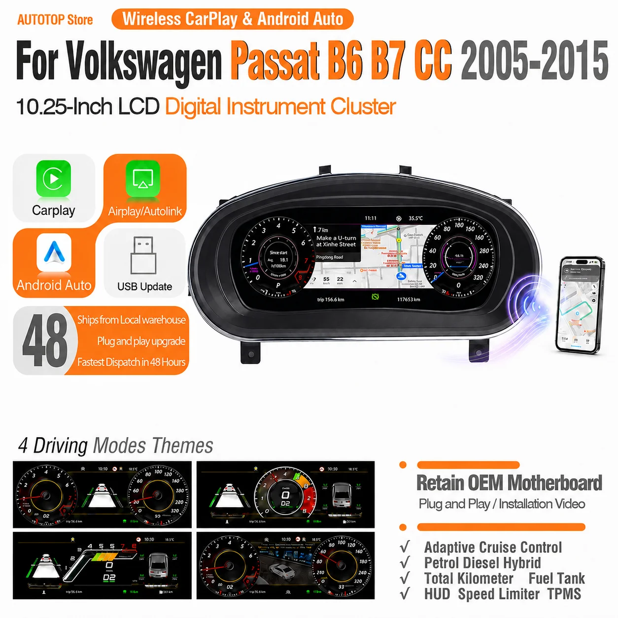 AUTOTOP Tableau de bord numérique 10,25 pouces pour Volkswagen VW Passat B6 B7 CC 2005-2015, remplacement du compteur de vitesse par un écran LCD de tableau de bord virtuel, prend en charge CarPlay sans fil, Android Auto, AirPlay, AutoLink, navigation, informations sur le véhicule, TPMS