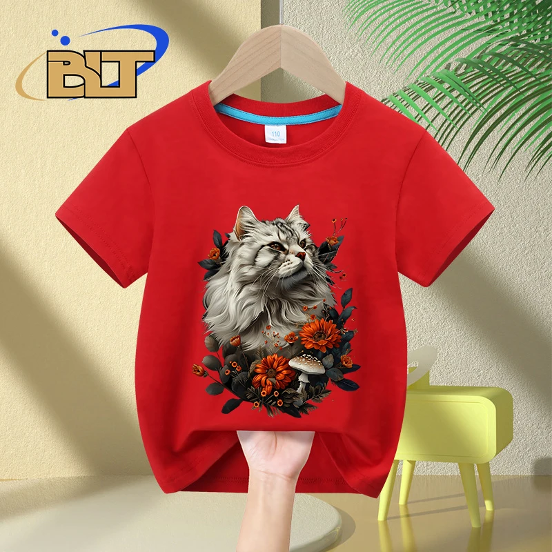 Flower mushroom cat print children's clothing summer kids T-shirt pure cotton short-sleeved casual tops boys and girls gifts