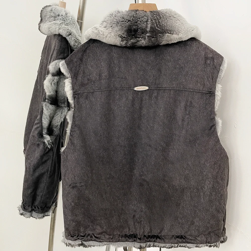 OFTBUY Big Turn Collar Two Ways Wear Sleeveless Clothes Female New Winter Fur Waistcoat Women Reversible Real Rabbit Fur Vest