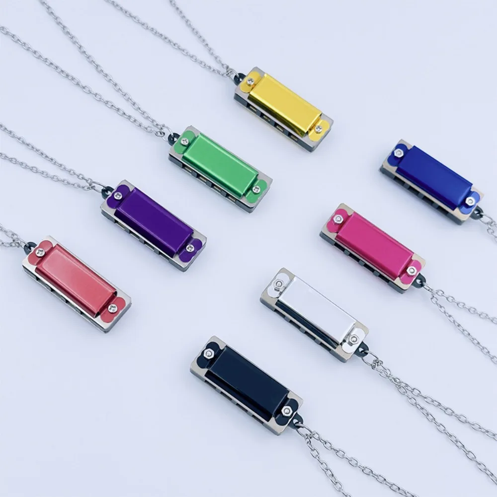 High Quality 4-hole 8-tone Necklace Mini Metal Harmonica Kids Music Toy Mouth Organ Woodwind Musical Instrument Gifts For Kids