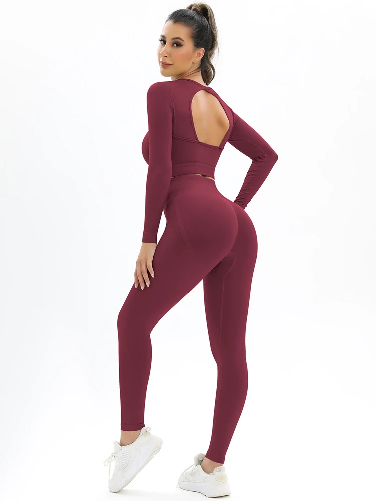 

Новинка, Женский бесшовный комплект для йоги, сексуальный спортивный комплект с открытой спиной, рубашка с длинным рукавом и брюки, комплект с леггинсами пуш-ап на бедрах, комплект одежды для тренировок
