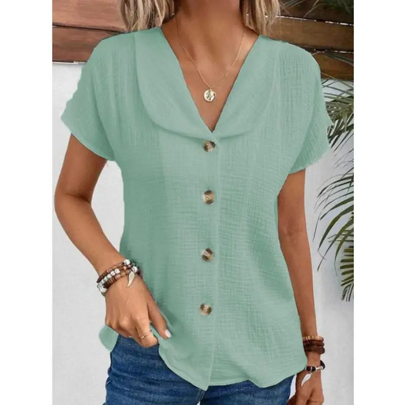 Simple Solid Color Blouse Women\'s Summer V-neck Button Short Sleeve Lady Work T-shirt Tops