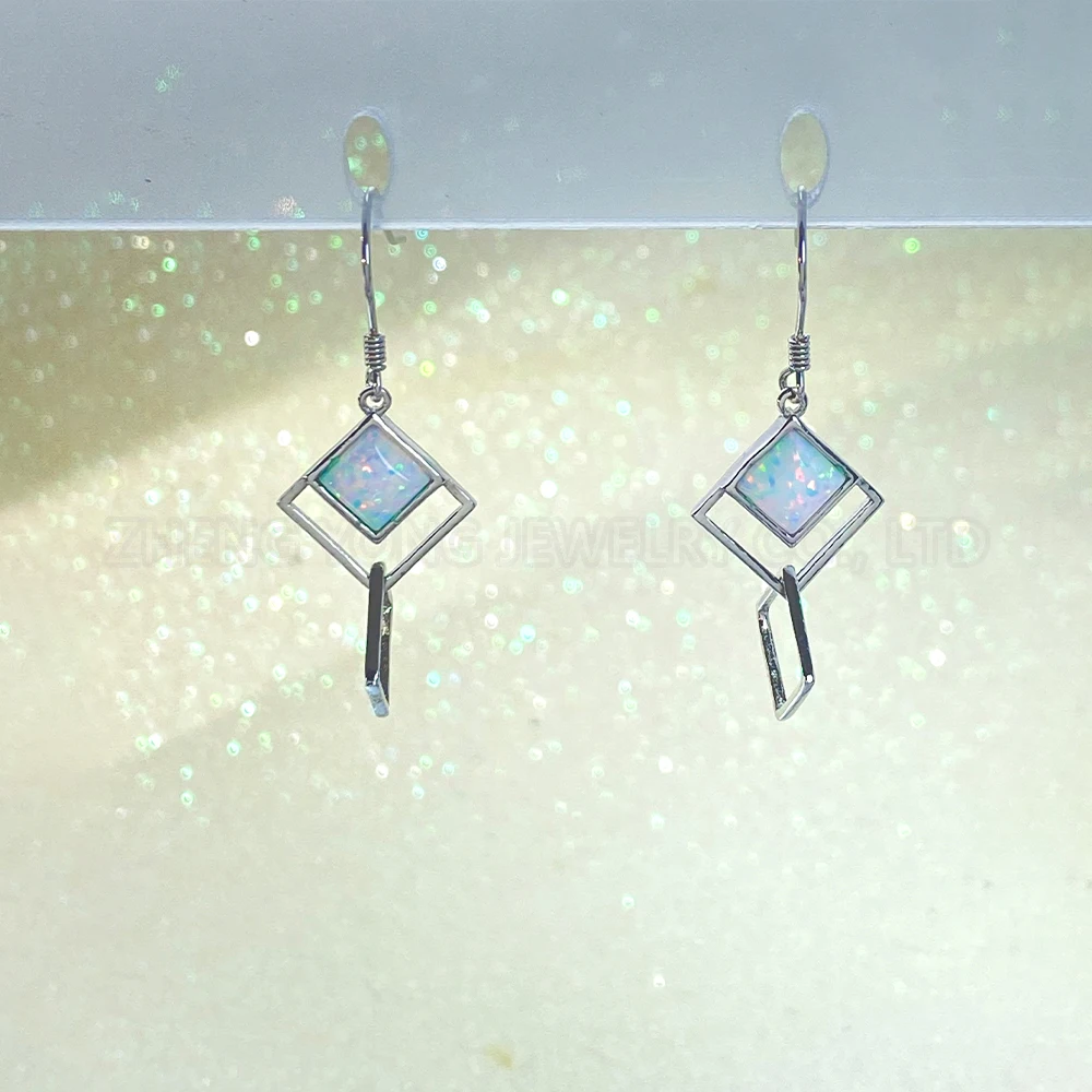 Geometric Square Pendant Stud Earrings for Women 925 Silver Opal Jewelry Earrings