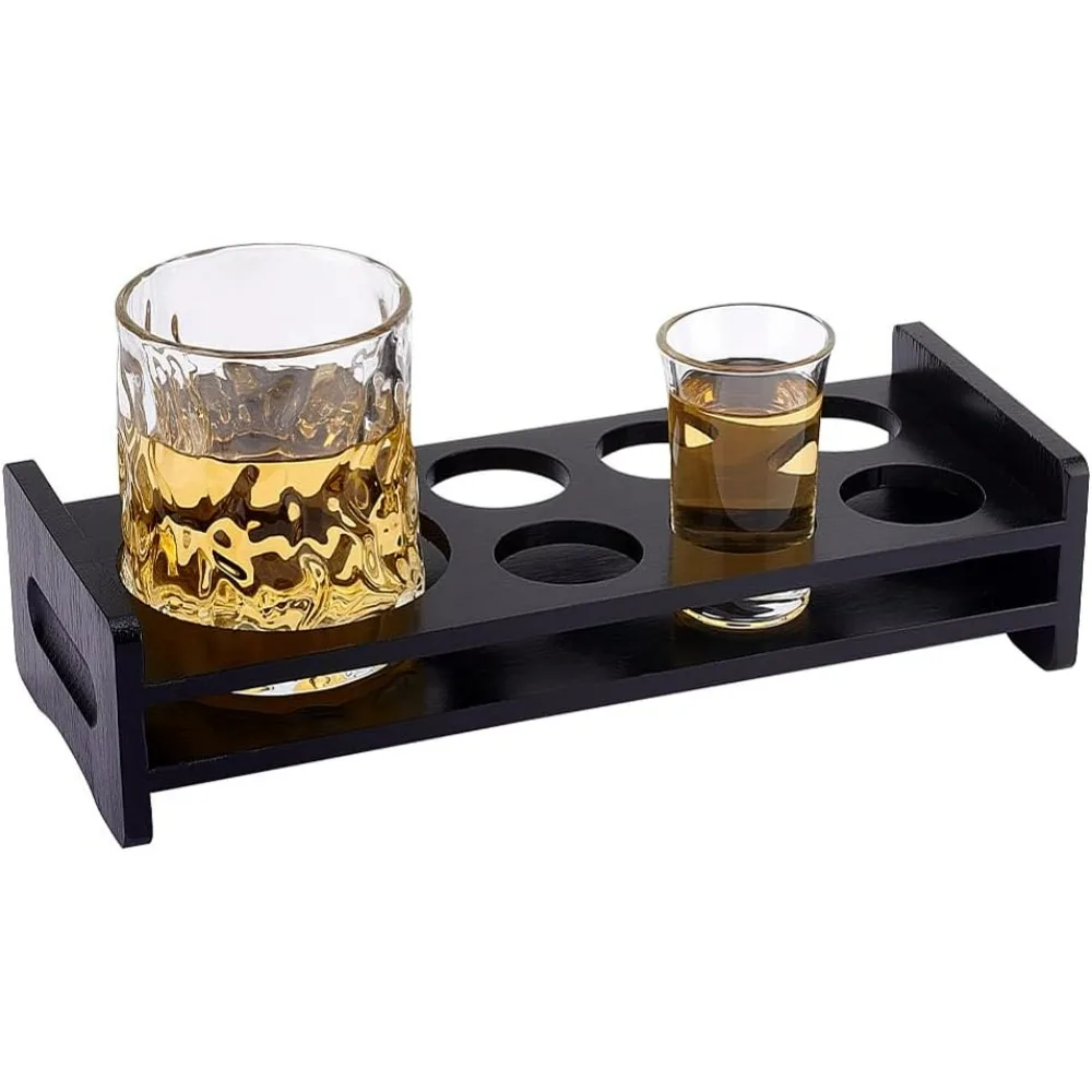 7 Holes Shot Glass Holder Tray, 6 Hole for Shot Glass with 1 Hole for Wine Dispenser, Whiskey Tequila Glass Cup Rack Organizer