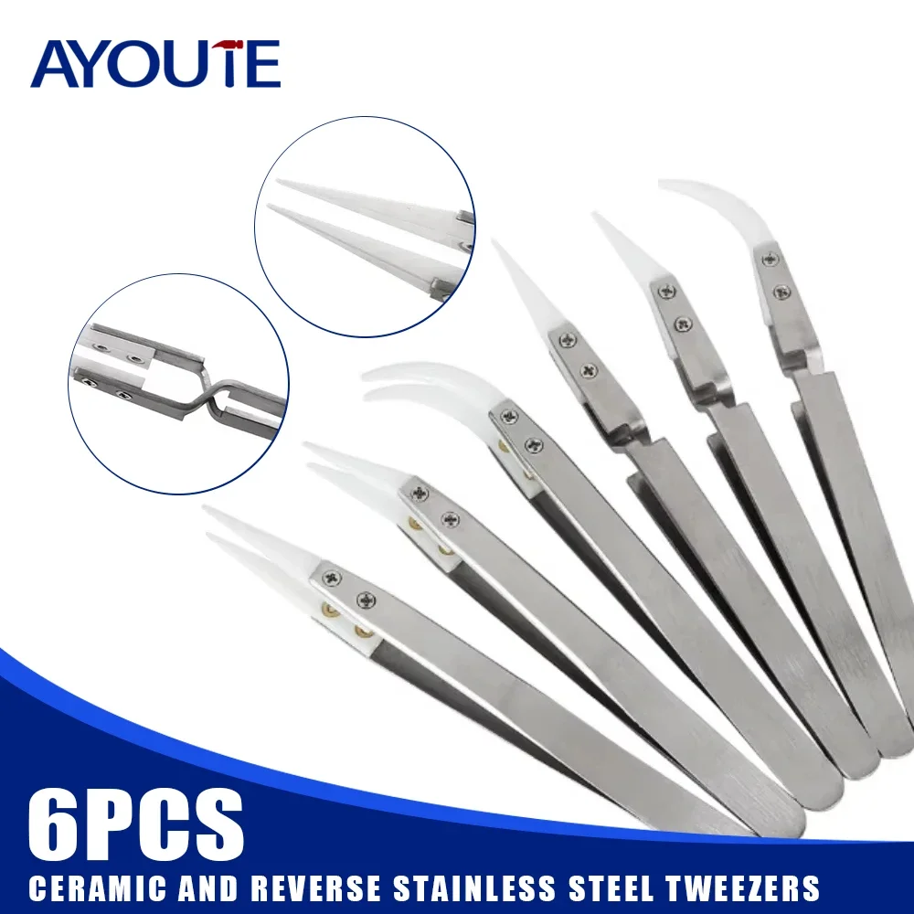 6/3Pack Ceramic Straight Tip Electronic Soldering Tweezers, Anti-Static Reverse Acid Resistant Precision Chuck Ceramic Tweezers