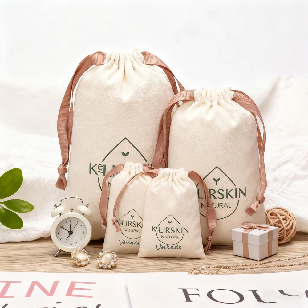 

50pcs Beige Canvas Cotton Drawstring Shoe Bags 20x25cm Gift Ribbon Pouch Custom Logo Dust Muslin Linen Bags Covers for Handbags