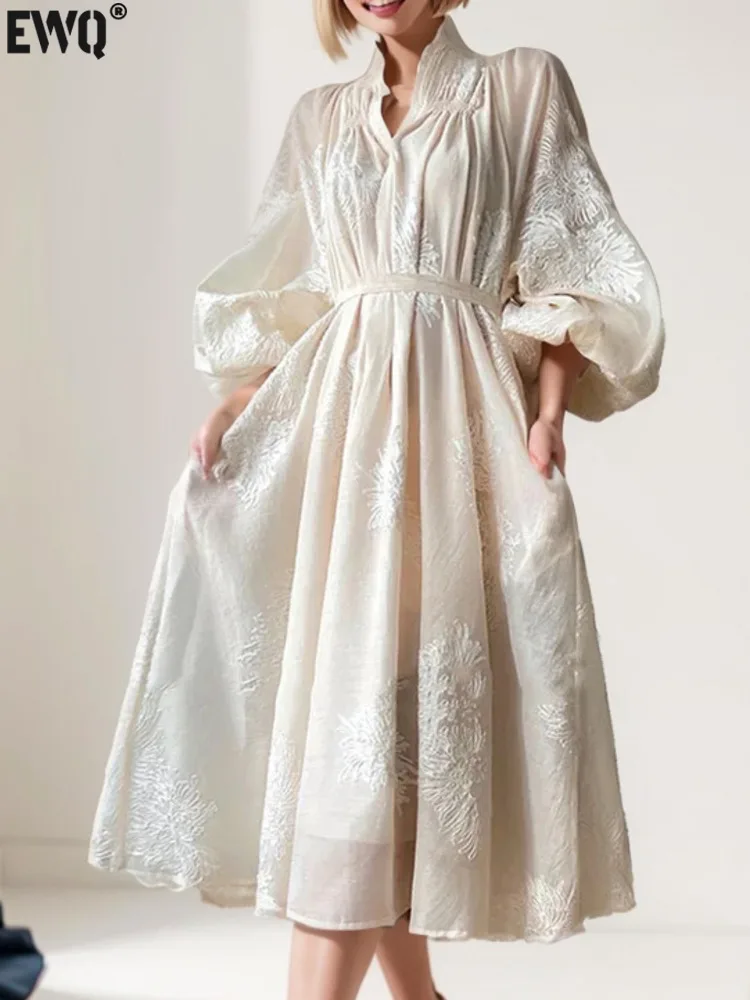 [EWQ] Beautiful Embroidered V-neck Lantern Long Sleeved Summer Dress Women Party Dress Beige Robe With Belt 2024 Autumn YX046