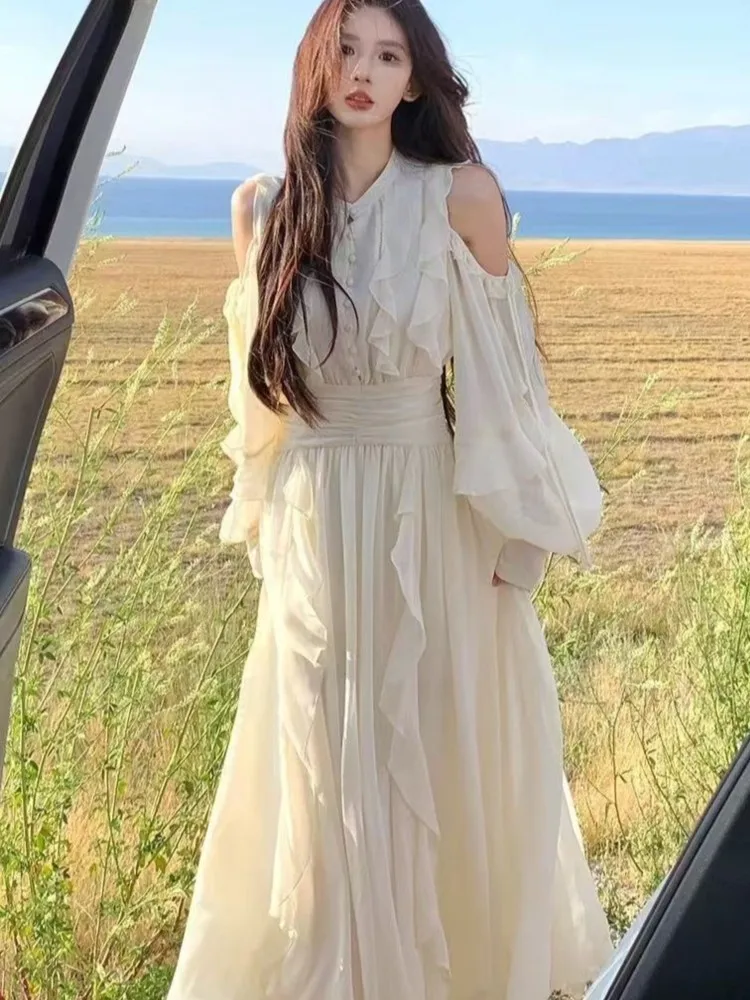 

Women Elegant Solid Color Ruffle Fairy Dress Korean Fashion Slim-Waist A-Line Midi Dress French Princess Party Wedding Ball Gown