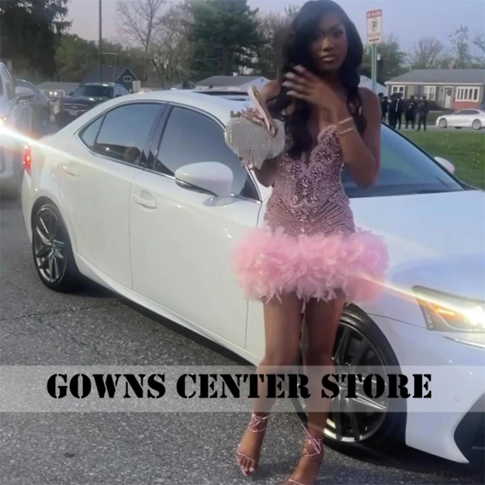 Baby Pink Feather African Rhinestone Prom Dress 2024 Aso Ebi Black Girl Cute Wedding Dress Birthday Party Formal Gown Customized — zdjęcie 4