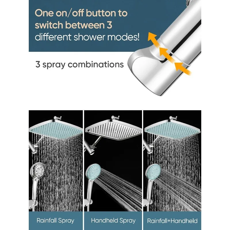 12'' Rain Shower Head with Extension Arm - Dual Shower Heads with 8 Modes Handheld Spray Combo - Wide RainFall shower