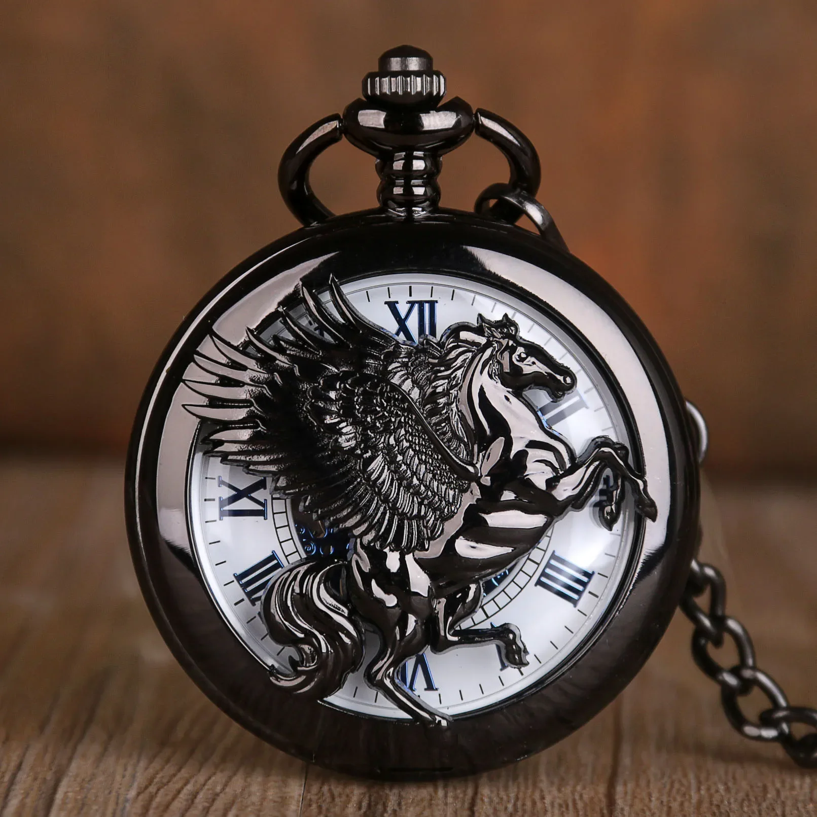 Vintage Charm Black Fashion Hollow Skeleton Mechanical Steampunk Pocket Watch Women Man Hand Wind Fob Watch Pendant With Chain