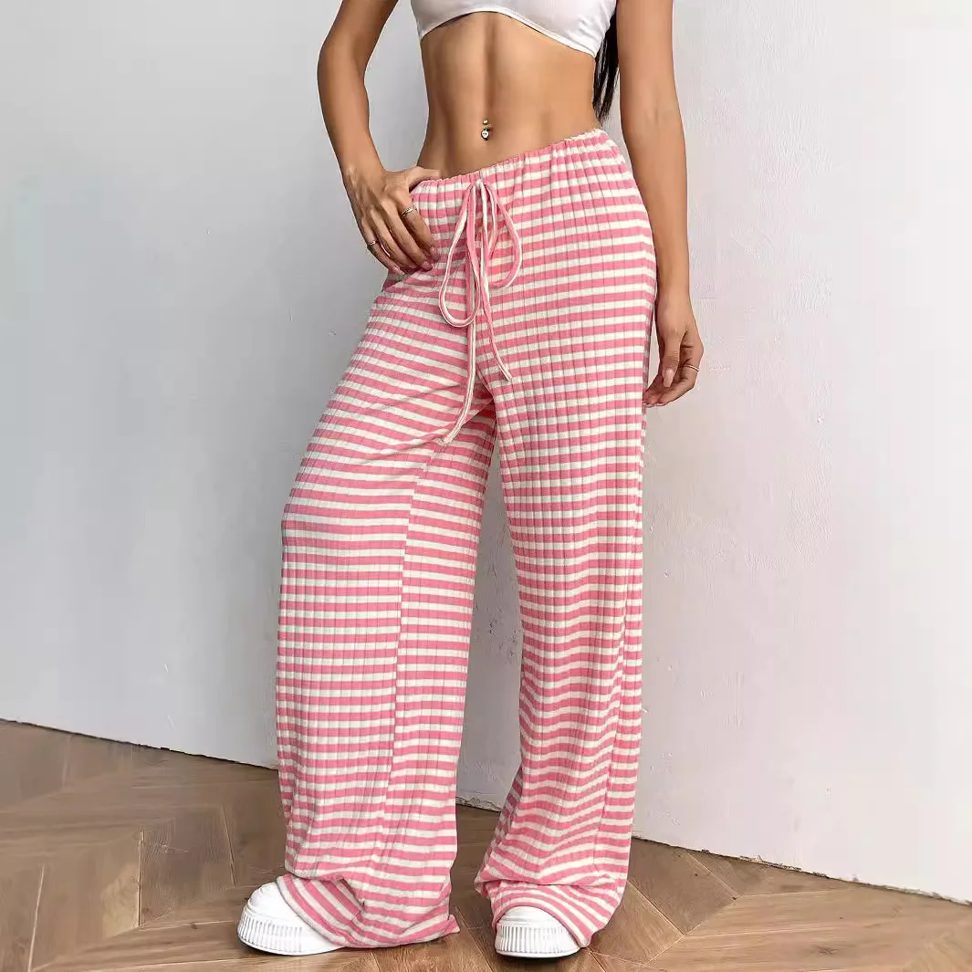 

Fall New 2024 Stripe Pants Female High Elastic Waist Drawstring Wide-Legged Pant Fashion Holiday Street Straight Trousers Bottom