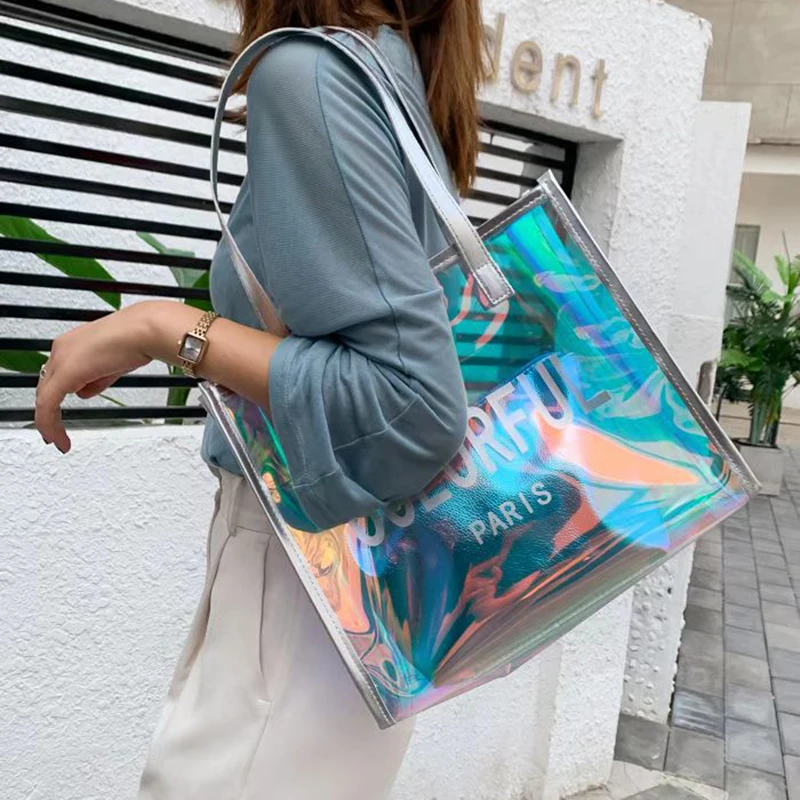 PVC laser trendy transparent waterproof handbag shopping bag Women\'s colorful ins crossbody bags Can be used for tourism travel