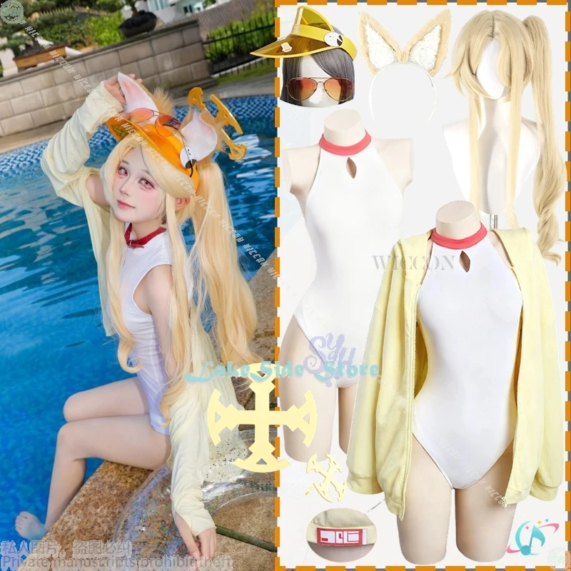 Anime Game Blue Archive Cosplay Yurizono Seia Swimsuit Kawaii Light Yellow Jacket Hole Sun Hat Furry Earwear Jumpsuit Halloween