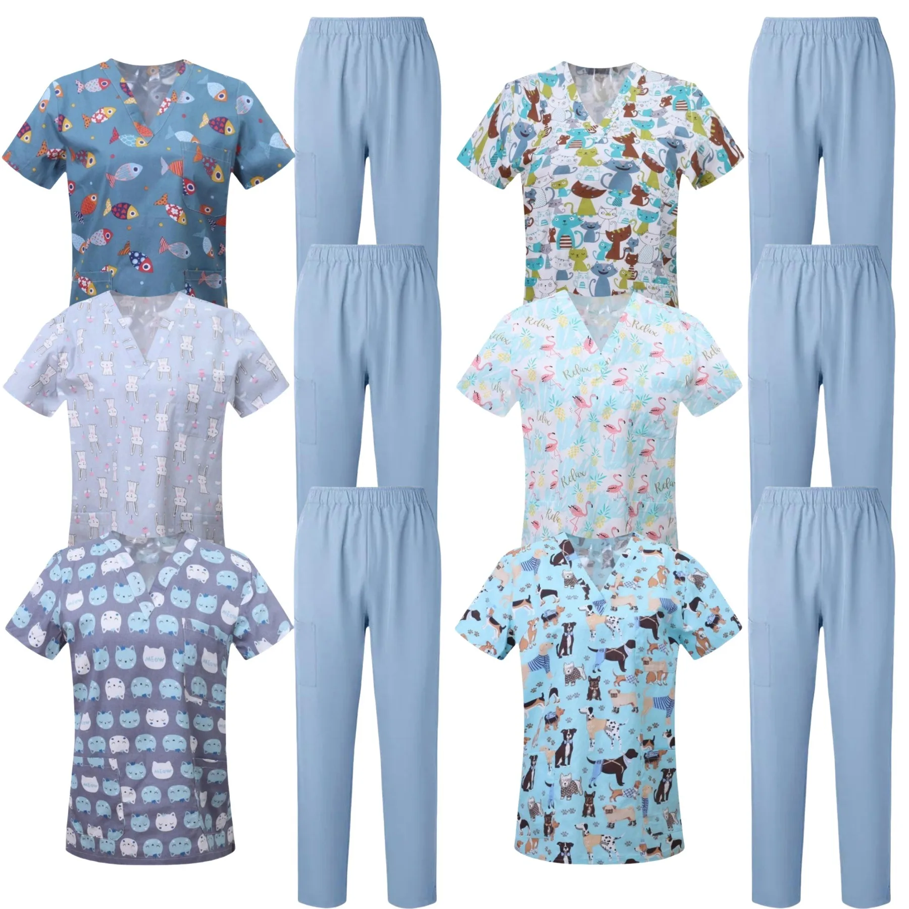 

Pet Clinic Vet Work Uniforms Women Nurse Animal Printed Hospital Doctor Nursing T-Shirt Medical Scrubs Clothes Two-piece suit