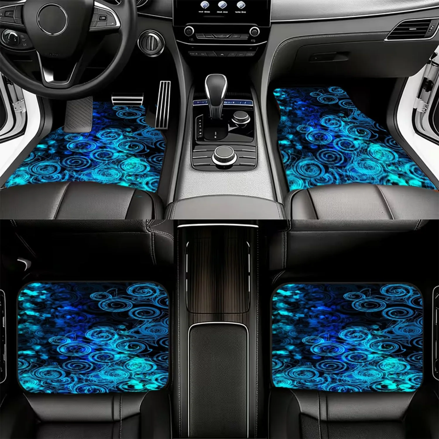 4pcs Car Floor Mats | Vibrant Blue Swirl Pattern, Polyester Material, Universal Fit For Cars, Dynamic Neon-like Design, Easy To
