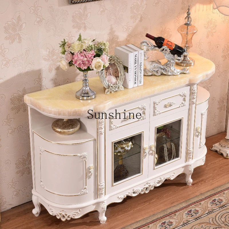 

European marble dining side cabinet living room glass solid wood carving flower locker