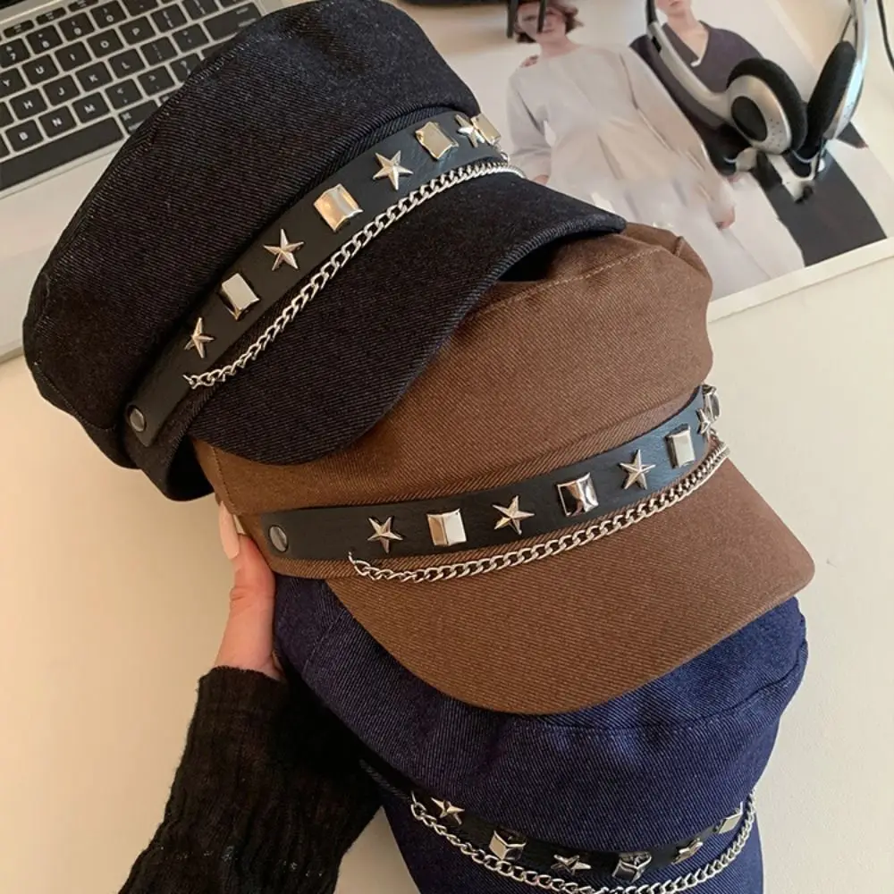 

Fashion Cloth Rivet Denim Beret Korean Style Newsboy Cap Denim Octagonal Hat Artist Hat British Style Retro Painter Hat Autumn