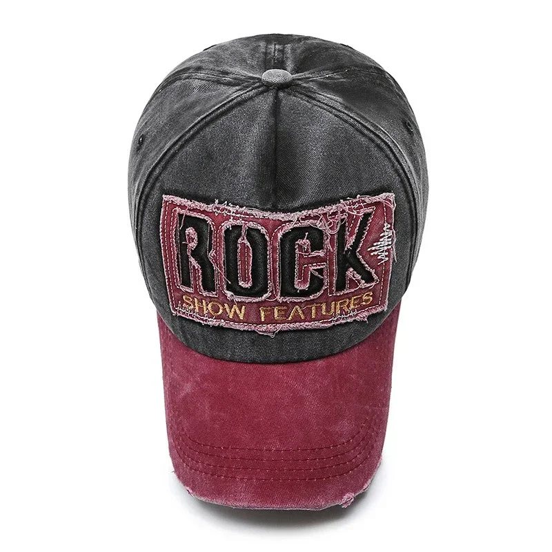 ROCK Letters Embroidered Patch Ripped Brushed Washed Distressed Design Style Unisex Cotton Adjustable Baseball Cap