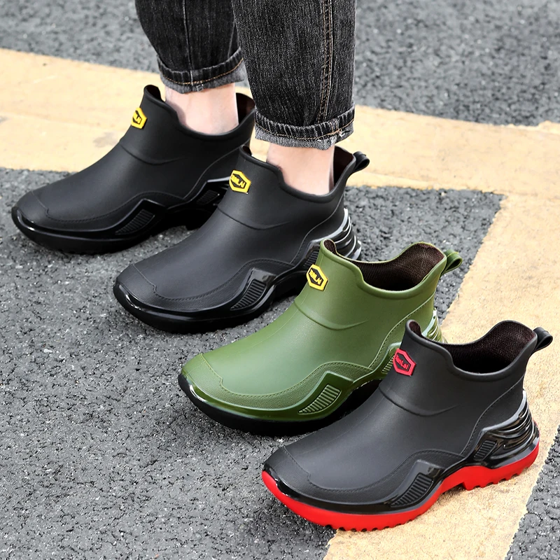 Low-Top Fashionable Men's Rain Boots Waterproof Non-Slip Kitchen Work Boots Wave Pattern Rubber Sole Comfortable EVA Insole