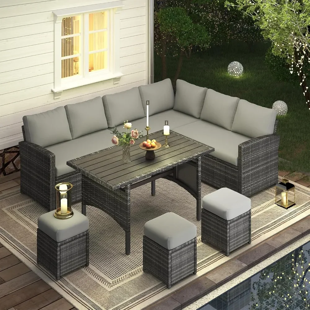 

Garden Sofa, 7 Pieces Patio Furniture Set, All Weather Wicker Rattan Dining Table, Outdoor Sectional Sofa Conversation Set