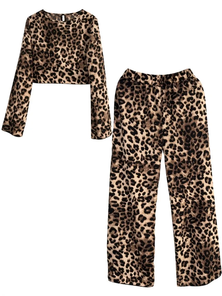 

Осенний короткий топ и брюки с леопардовым принтом, комплект из 2 предметов, женские элегантные комплекты, новый повседневный брючный костюм, женская модная уличная одежда