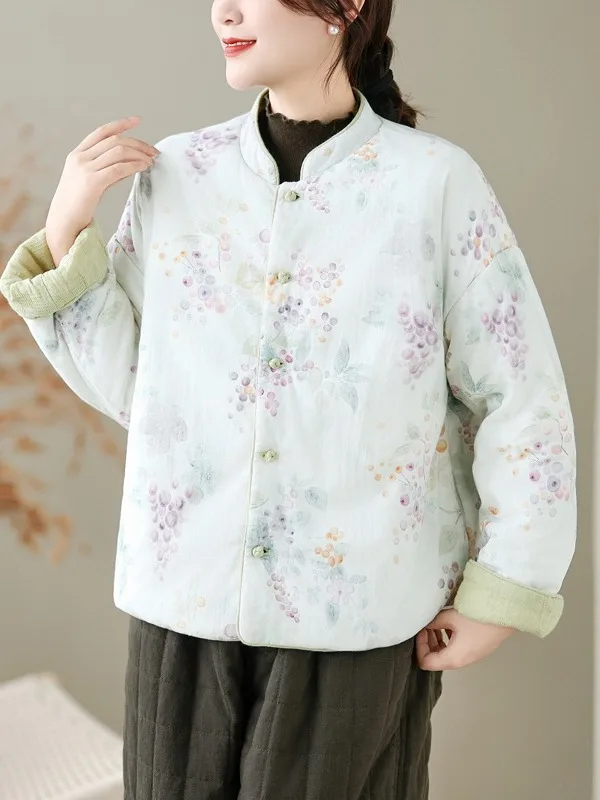 

Женская зимняя хлопковая куртка Thiened, новая свободная двусторонняя одежда, хлопковая одежда небольшого размера с цветочным принтом и пуговицами